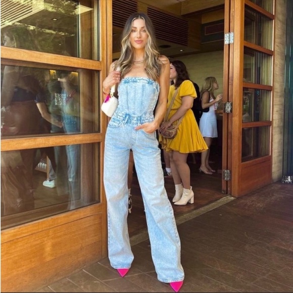 Zara Pants & Jumpsuits Zara Off The Shoulder Corset Denim Jumpsuit